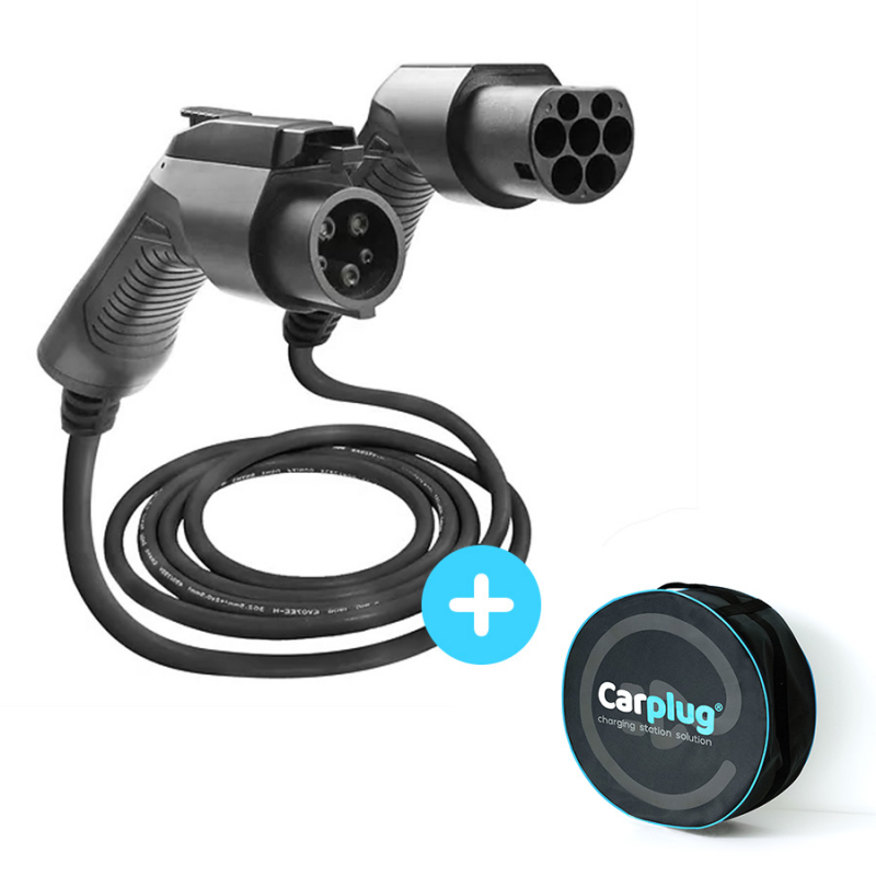 CARPLUG Câble de recharge Noir - Type 2 - Type 1 - 5m - 7,4kW (1 phase 32A)  - T2 T1 + Housse - Câbles Type 2 - Type 1 - Carplug