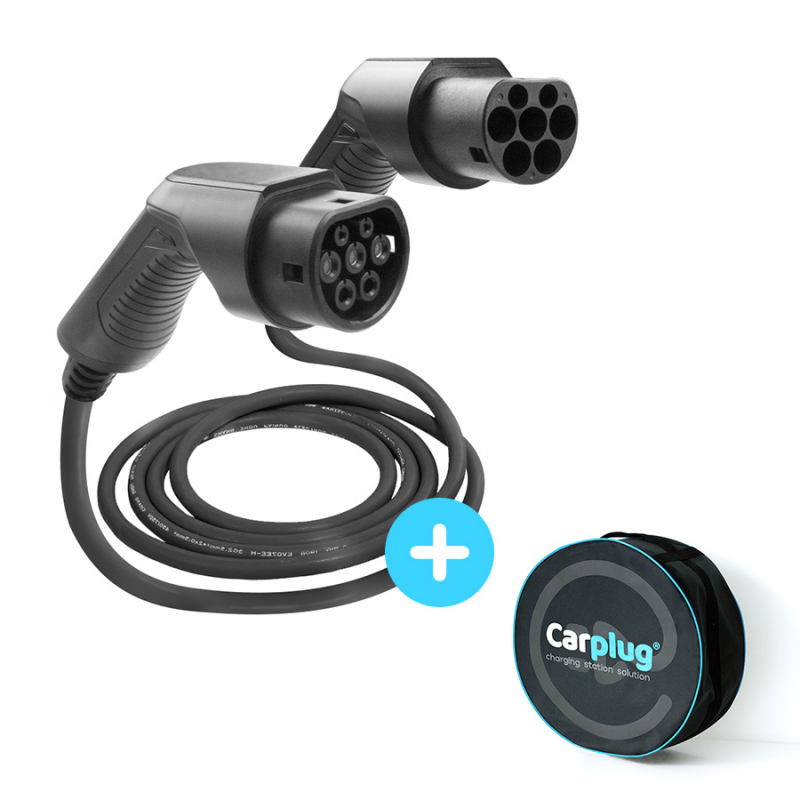 CARPLUG Câble de recharge Noir - Type 2 - Type 2 - 7m - 22kW (3 phases 32A)  - T2 T2 + Housse - Câbles Type 2 - Type 2 - Carplug